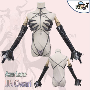Azur Lane IJN Owari cosplay: hollowed-back dress, devil horns, bendable wire wings, chest claw props, leather whip and EVA back decoration