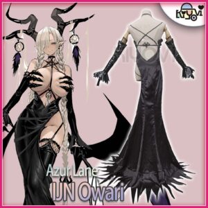 Azur Lane IJN Owari cosplay: hollowed-back dress, devil horns, bendable wire wings, chest claw props, leather whip and EVA back decoration