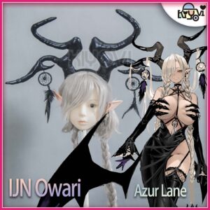 Azur Lane IJN Owari cosplay: hollowed-back dress, devil horns, bendable wire wings, chest claw props, leather whip and EVA back decoration