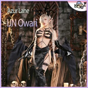 Azur Lane IJN Owari cosplay: hollowed-back dress, devil horns, bendable wire wings, chest claw props, leather whip and EVA back decoration
