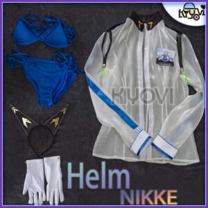 Goddess of Victory: Nikke Helm swimsuit cosplay: transparent outer jacket, bikini set with belt, character headpiece and gloves