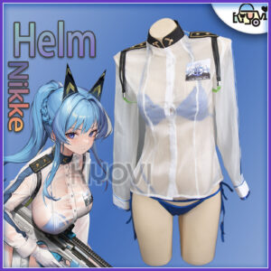 Goddess of Victory: Nikke Helm swimsuit cosplay: transparent outer jacket, bikini set with belt, character headpiece and gloves