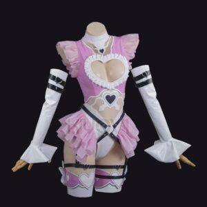 @princess_ailish NieR 2B cosplay: pink-white open-chest bodysuit, thigh bows, black strap accents and statement bow headpiece