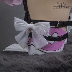 @princess_ailish NieR 2B cosplay: pink-white open-chest bodysuit, thigh bows, black strap accents and statement bow headpiece