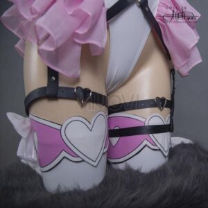 @princess_ailish NieR 2B cosplay: pink-white open-chest bodysuit, thigh bows, black strap accents and statement bow headpiece