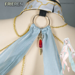 @DISHWASHER1910 Frieren elf cosplay: gold and white costume with delicate chains, long cape, elf ears and leg rings from Sousou no Frieren