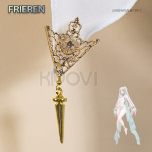 @DISHWASHER1910 Frieren elf cosplay: gold and white costume with delicate chains, long cape, elf ears and leg rings from Sousou no Frieren