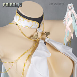 @DISHWASHER1910 Frieren elf cosplay: gold and white costume with delicate chains, long cape, elf ears and leg rings from Sousou no Frieren