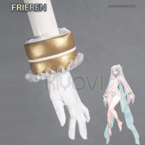 @DISHWASHER1910 Frieren elf cosplay: gold and white costume with delicate chains, long cape, elf ears and leg rings from Sousou no Frieren