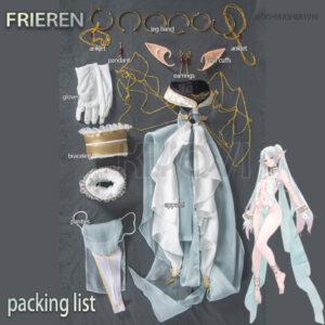 @DISHWASHER1910 Frieren elf cosplay: gold and white costume with delicate chains, long cape, elf ears and leg rings from Sousou no Frieren