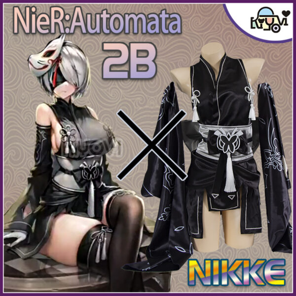 2B YoRHa Uniform, NieR:Automata x Nikke Cosplay Outfit, Bridal Satin Kimono Design, Mask, Blindfold, Thigh-High Stockings & Accessories