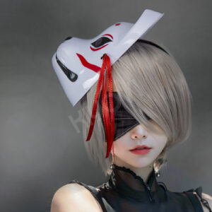 NieR Automata x Nikke 2B cosplay: bridal satin kimono, printed patterns, handmade mask, thigh-high stockings and YoRHa accessories