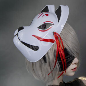 NieR Automata x Nikke 2B cosplay: bridal satin kimono, printed patterns, handmade mask, thigh-high stockings and YoRHa accessories