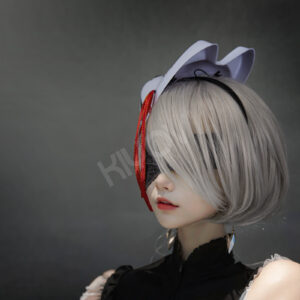 NieR Automata x Nikke 2B cosplay: bridal satin kimono, printed patterns, handmade mask, thigh-high stockings and YoRHa accessories