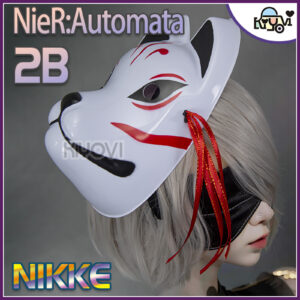 NieR Automata x Nikke 2B cosplay: bridal satin kimono, printed patterns, handmade mask, thigh-high stockings and YoRHa accessories