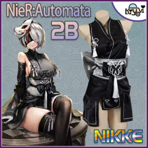 NieR Automata x Nikke 2B cosplay: bridal satin kimono, printed patterns, handmade mask, thigh-high stockings and YoRHa accessories