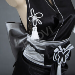 NieR Automata x Nikke 2B cosplay: bridal satin kimono, printed patterns, handmade mask, thigh-high stockings and YoRHa accessories