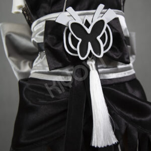 NieR Automata x Nikke 2B cosplay: bridal satin kimono, printed patterns, handmade mask, thigh-high stockings and YoRHa accessories