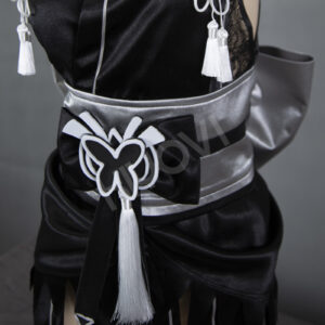 NieR Automata x Nikke 2B cosplay: bridal satin kimono, printed patterns, handmade mask, thigh-high stockings and YoRHa accessories