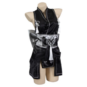 NieR Automata x Nikke 2B cosplay: bridal satin kimono, printed patterns, handmade mask, thigh-high stockings and YoRHa accessories