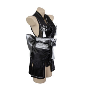 NieR Automata x Nikke 2B cosplay: bridal satin kimono, printed patterns, handmade mask, thigh-high stockings and YoRHa accessories