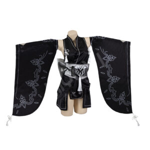 NieR Automata x Nikke 2B cosplay: bridal satin kimono, printed patterns, handmade mask, thigh-high stockings and YoRHa accessories
