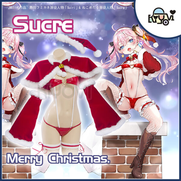 Nekometaru Sucre Original Character Set, Christmas Lingerie with Velvet & PU Materials, Red Bra, Panties, Stockings & Accessories