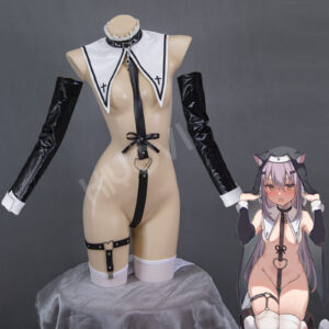 @ao_kotohad Cat Nun cosplay: black PU bodysuit, removable nun cloak, thigh-high stockings, and bow headpieces