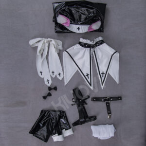 @ao_kotohad Cat Nun cosplay: black PU bodysuit, removable nun cloak, thigh-high stockings, and bow headpieces