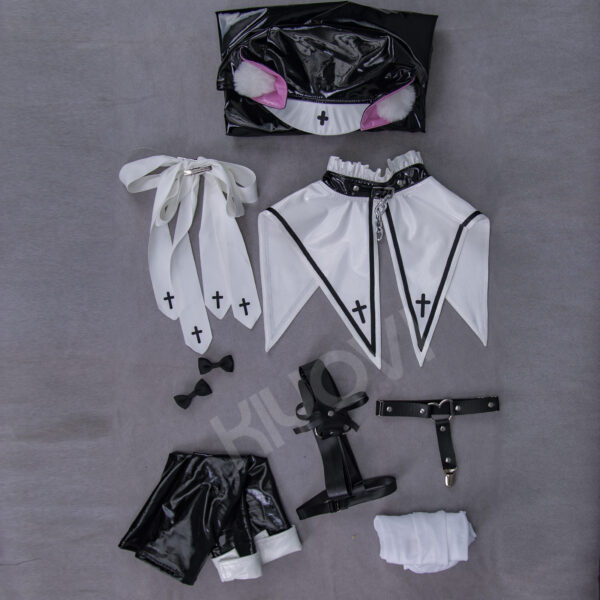 "Cat Nun" Anime Cosplay Costume – Sexy Lolita-Inspired PU Bodysuit with Detachable Cloak, Head Accessories, Stockings, and More - Image 7