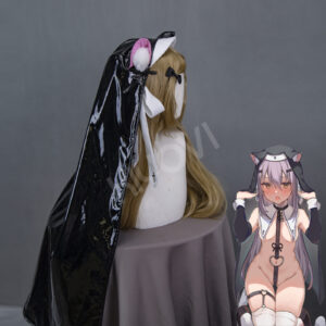 @ao_kotohad Cat Nun cosplay: black PU bodysuit, removable nun cloak, thigh-high stockings, and bow headpieces