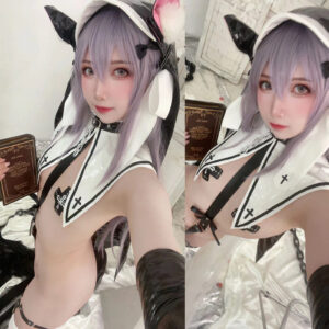 @ao_kotohad Cat Nun cosplay: black PU bodysuit, removable nun cloak, thigh-high stockings, and bow headpieces