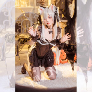 Azur Lane Halloween lolita cosplay outfit with glossy black PU bodysuit