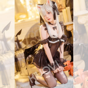 Azur Lane Halloween lolita cosplay outfit with glossy black PU bodysuit
