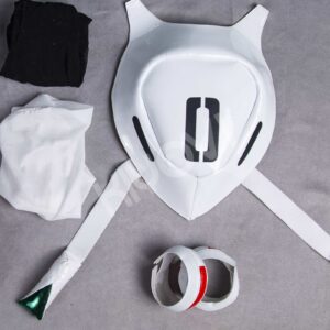 Rei Ayanami Neon Genesis Evangelion cosplay: white PU leather bodysuit, open crotch design, removable back armor, black suspender stockings