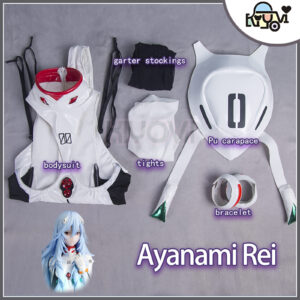 Rei Ayanami Neon Genesis Evangelion cosplay: white PU leather bodysuit, open crotch design, removable back armor, black suspender stockings