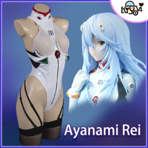 Rei Ayanami Neon Genesis Evangelion cosplay: white PU leather bodysuit, open crotch design, removable back armor, black suspender stockings