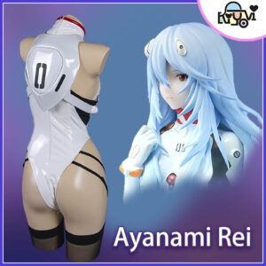 Rei Ayanami Neon Genesis Evangelion cosplay: white PU leather bodysuit, open crotch design, removable back armor, black suspender stockings