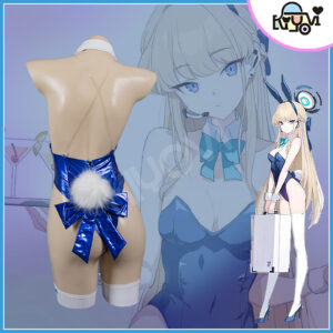 Blue Archive Asuma Toki bunny cosplay: glossy blue PU swimsuit, wired bendable ears, oversized tail and white stockings