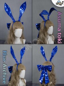 Blue Archive Asuma Toki bunny cosplay: glossy blue PU swimsuit, wired bendable ears, oversized tail and white stockings