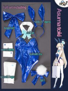 Blue Archive Asuma Toki bunny cosplay: glossy blue PU swimsuit, wired bendable ears, oversized tail and white stockings
