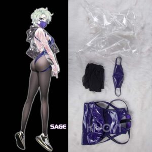 SAGE Astrum Design cosplay: blue PU bodysuit, transparent TPU jacket, lace tights and futuristic mask