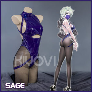 SAGE Astrum Design cosplay: blue PU bodysuit, transparent TPU jacket, lace tights and futuristic mask