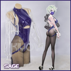 SAGE Astrum Design cosplay: blue PU bodysuit, transparent TPU jacket, lace tights and futuristic mask