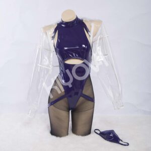 SAGE Astrum Design cosplay: blue PU bodysuit, transparent TPU jacket, lace tights and futuristic mask