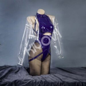 SAGE Astrum Design cosplay: blue PU bodysuit, transparent TPU jacket, lace tights and futuristic mask