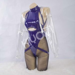 SAGE Astrum Design cosplay: blue PU bodysuit, transparent TPU jacket, lace tights and futuristic mask