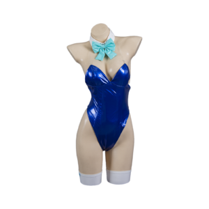 Blue Archive Asuma Toki bunny cosplay: glossy blue PU swimsuit, wired bendable ears, oversized tail and white stockings