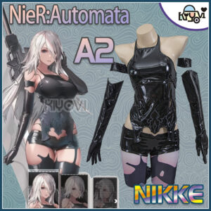 NieR Automata A2 battle-damaged PU cosplay set with corset, tattoo pen and printed stockings