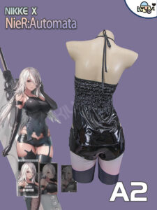 NieR Automata A2 battle-damaged PU cosplay set with corset, tattoo pen and printed stockings